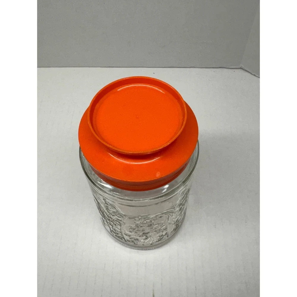Vintage Anchor Hocking Lilies of the Valley Glass Canister Orange Lid Retro 70s